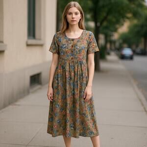 Phases Womens Dress‎ 1X 90s Vintage Floral Mustard Pink Green Button Front New